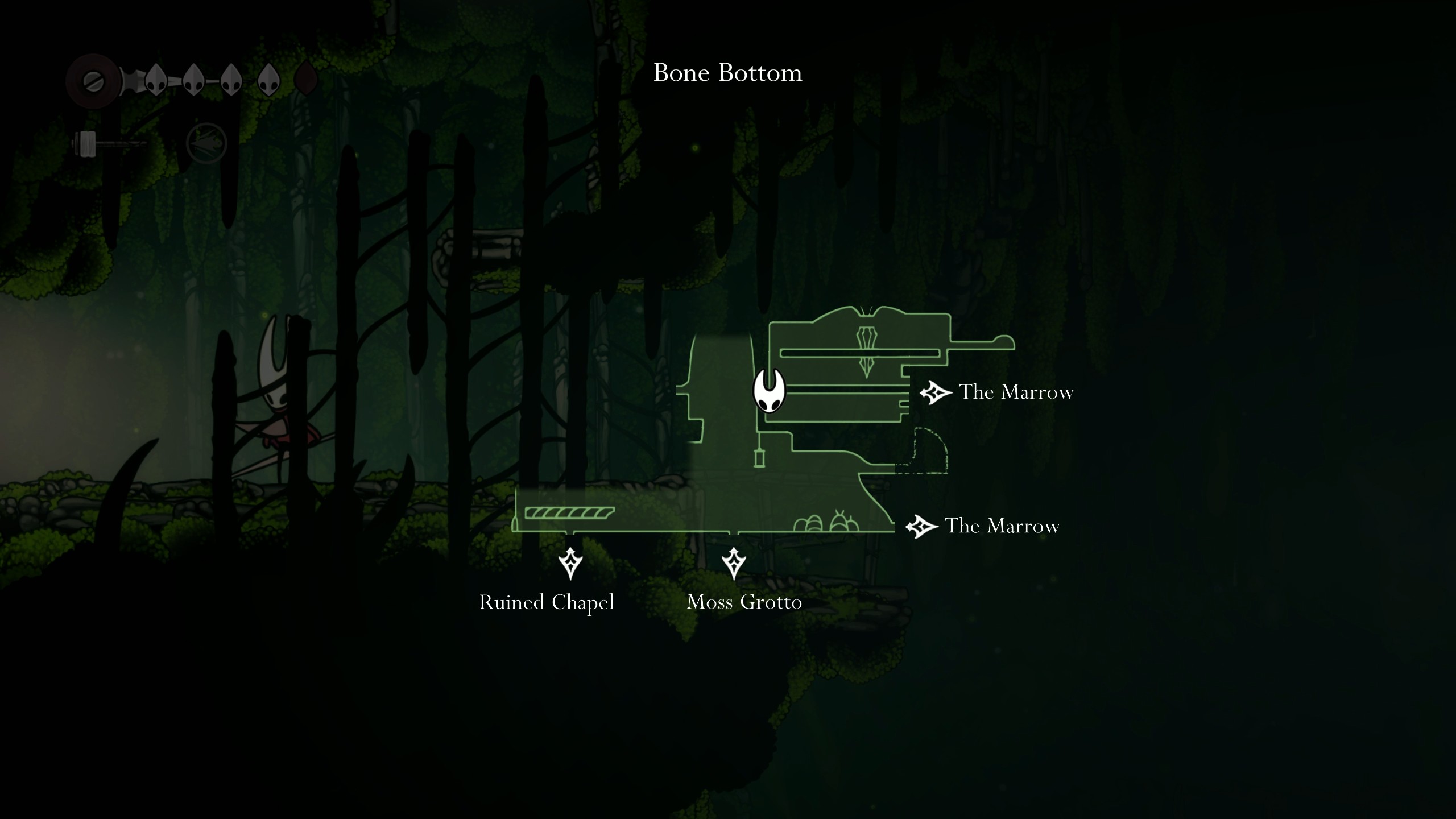 You'll want to go left out of Mosshome, drop down to the lift, and head right(Image credit: Team Cherry)
