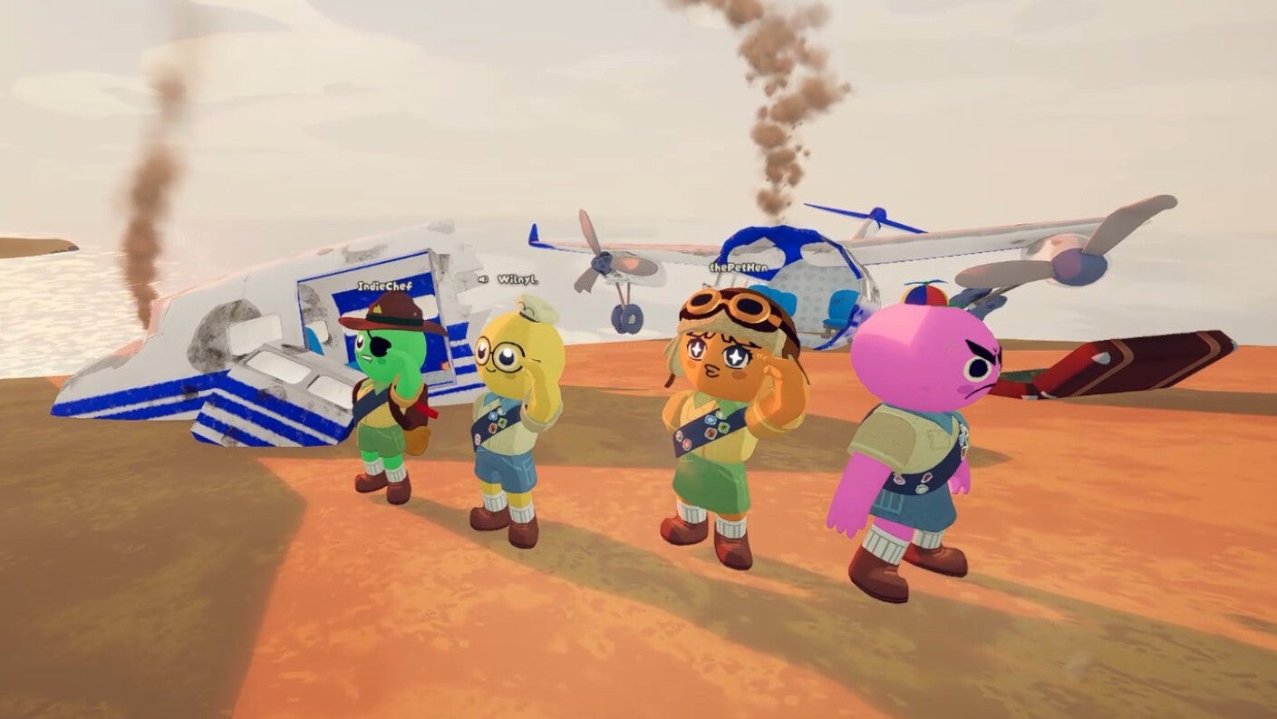 Screenshot from Peak showing a plane wreck and four climbers in front of the wreckage