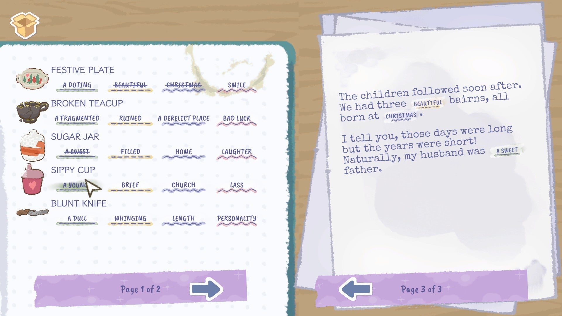 Filling out gaps in a memoir, using words inspired by various items, in in A Storied Life: Tabitha.