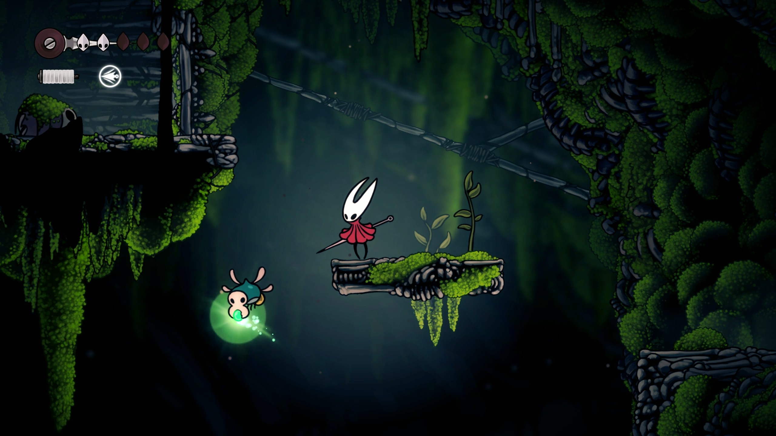 Look down from the platforms to spot a bug with a Mossberry flying around(Image credit: Team Cherry)