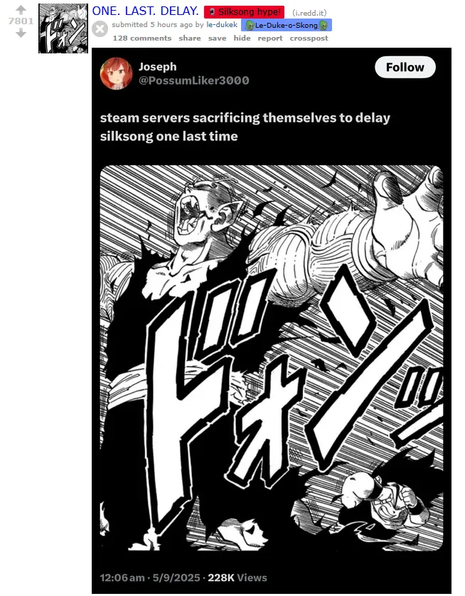 A redditor sharing a meme joking about Steam servers sacrificing themselves to delay Silksong a final time.