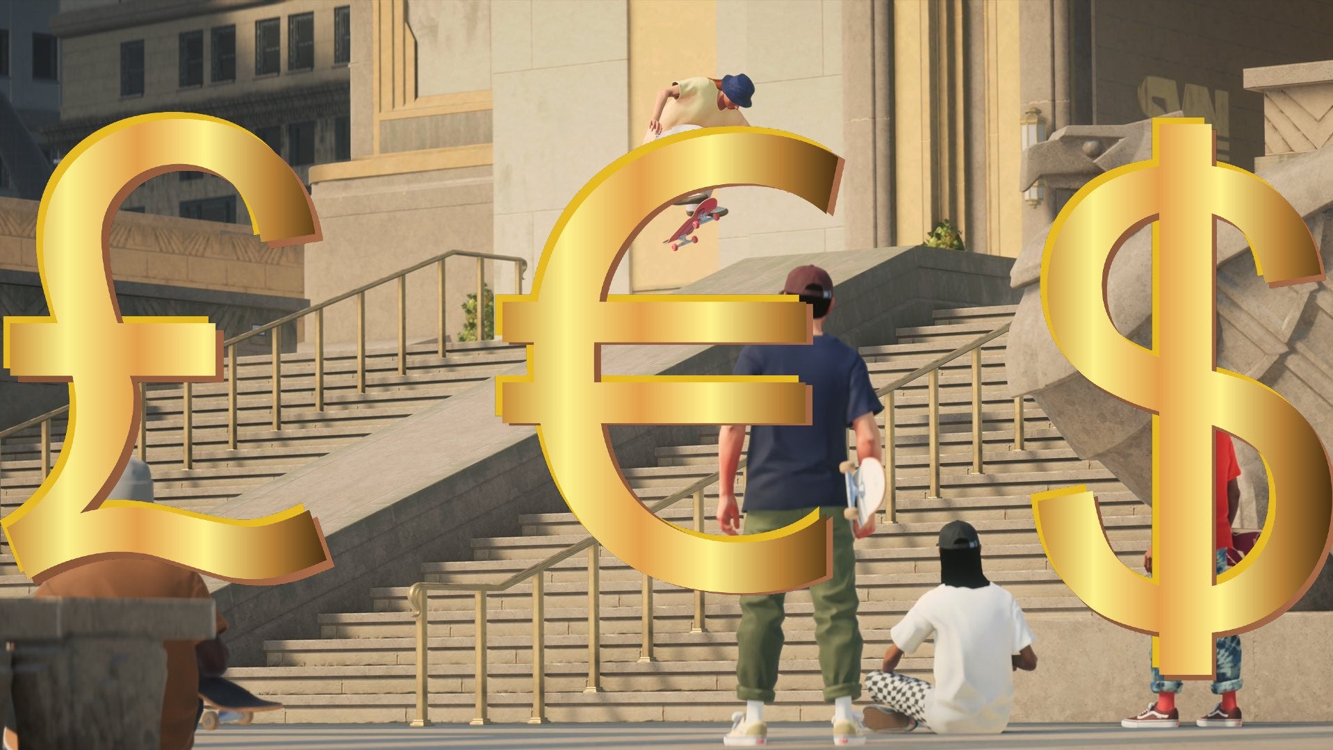 A Screenshot Showing A Group Of Skateboarders In Skate Overlayed With The Symbols For Pounds%2C Euros And Dollars