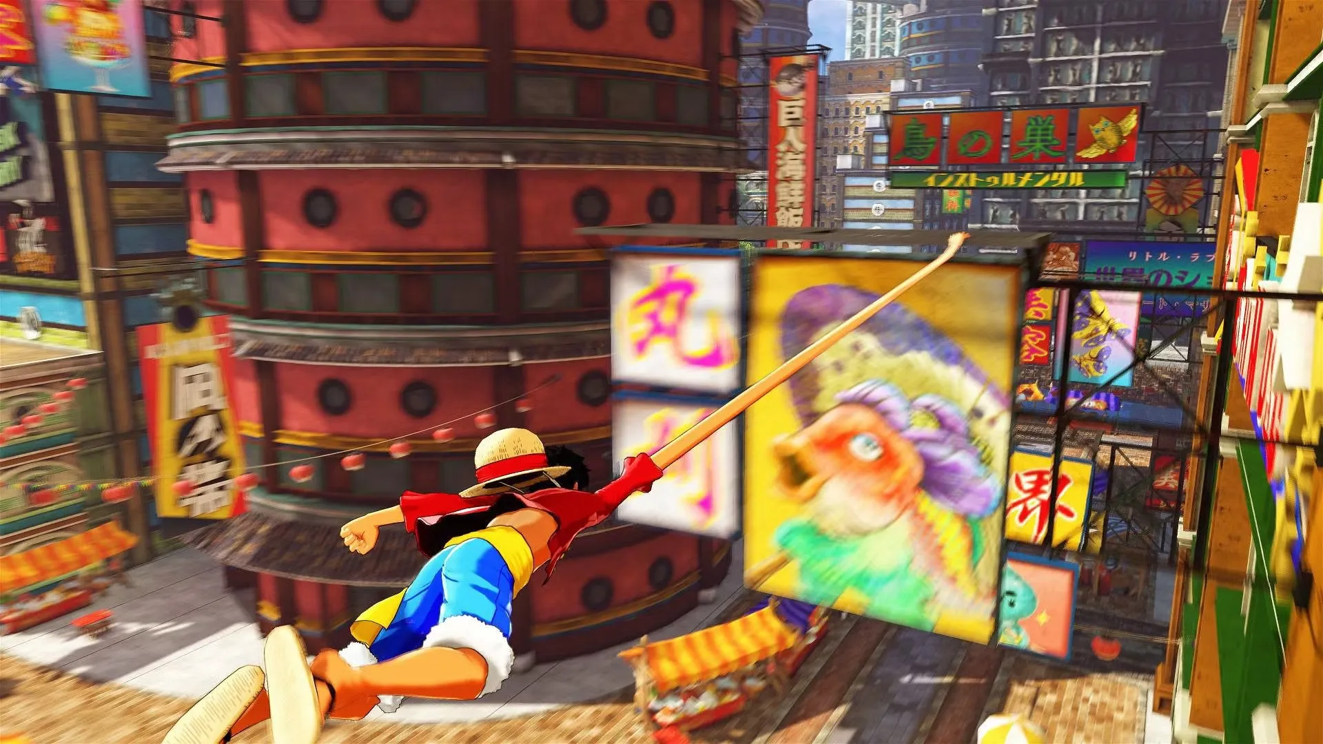 Luffy Swinging Through The City With His Powers One Piece World Seeker