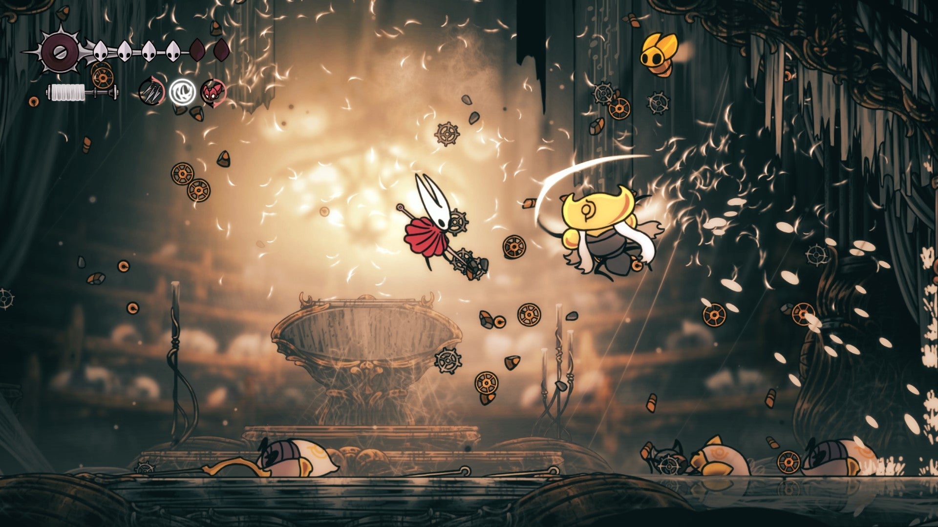 Hornet fights off waves of high-level bugs in Hollow Knight: Silksong.