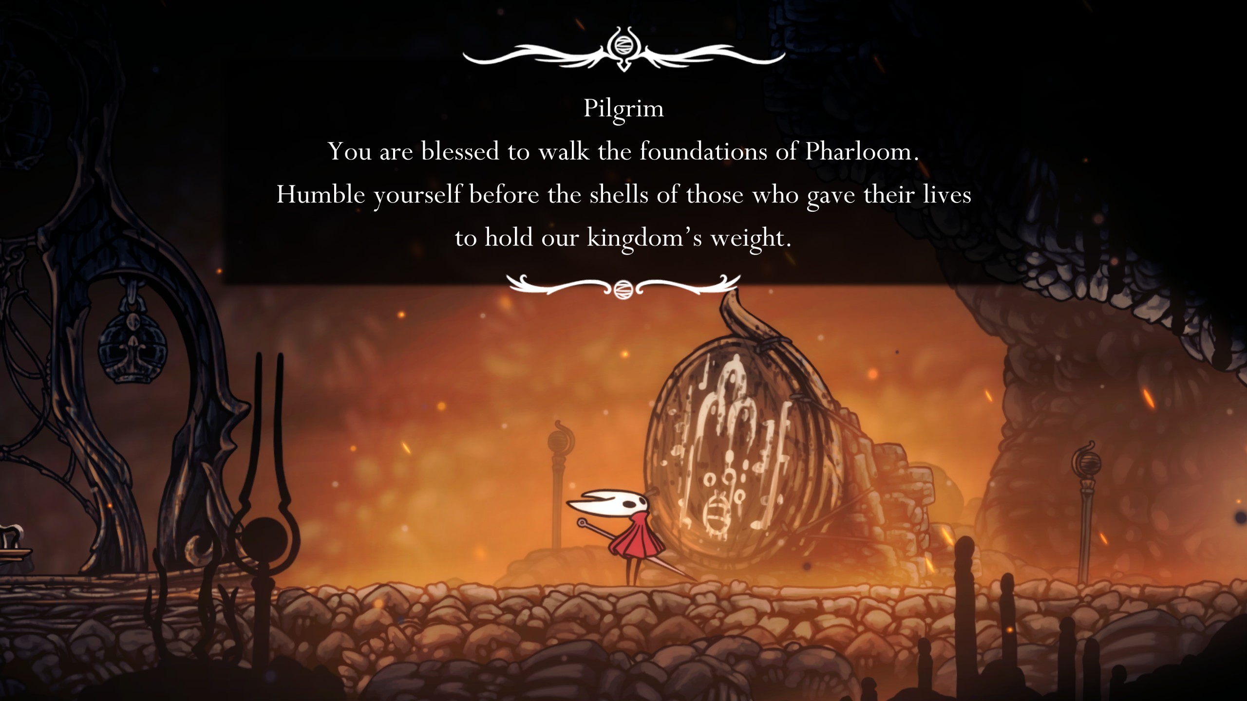 Hollow Knight Silksong gameplay showing Hornet reading a message that says "Pilgrim, you are blessed to walk the foundations of Pharloom. Humble yourself before the shells of those who gave their lives to hold our kingdom's weight."