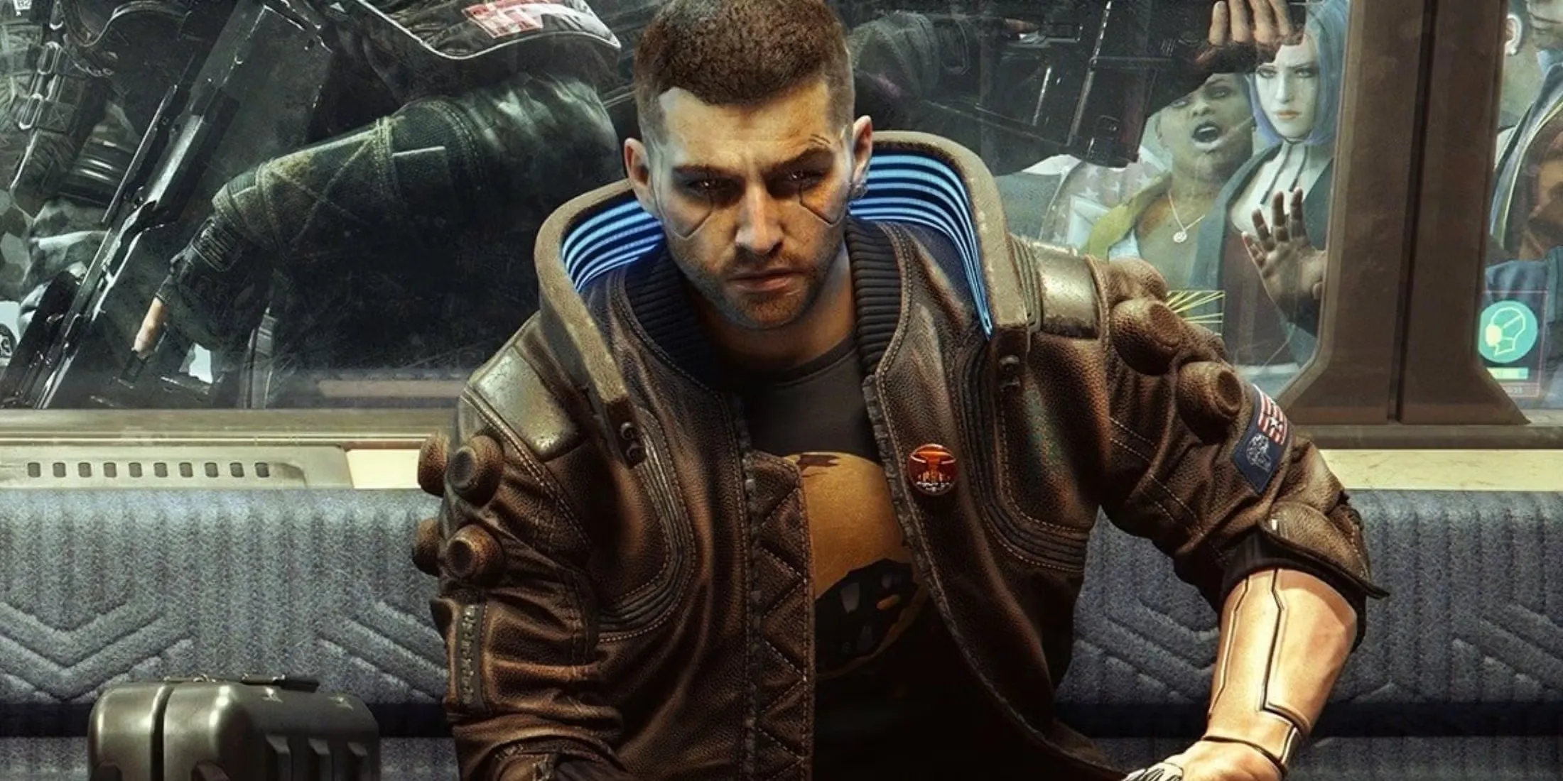 Cyberpunk 2077 Male V On Train Crowd Behind Him