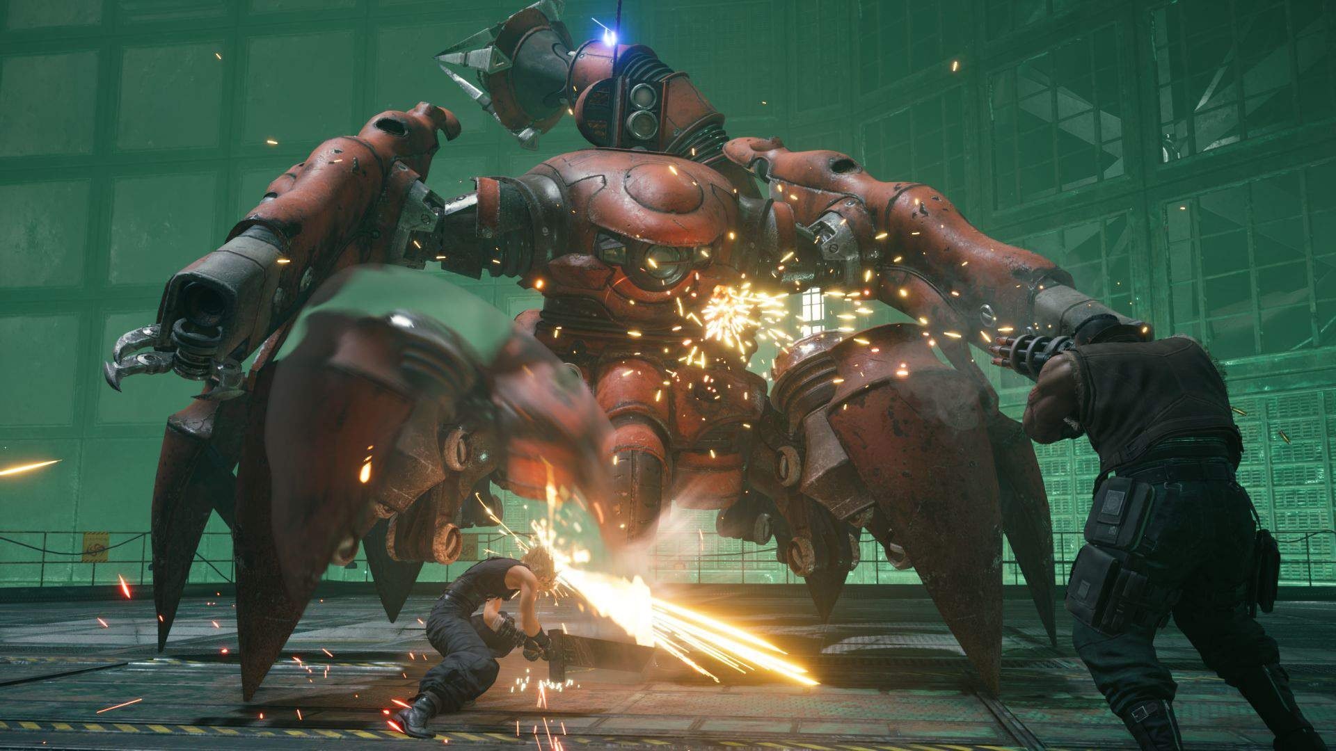 Cloud and Barret fight the Scorpion Sentinel.