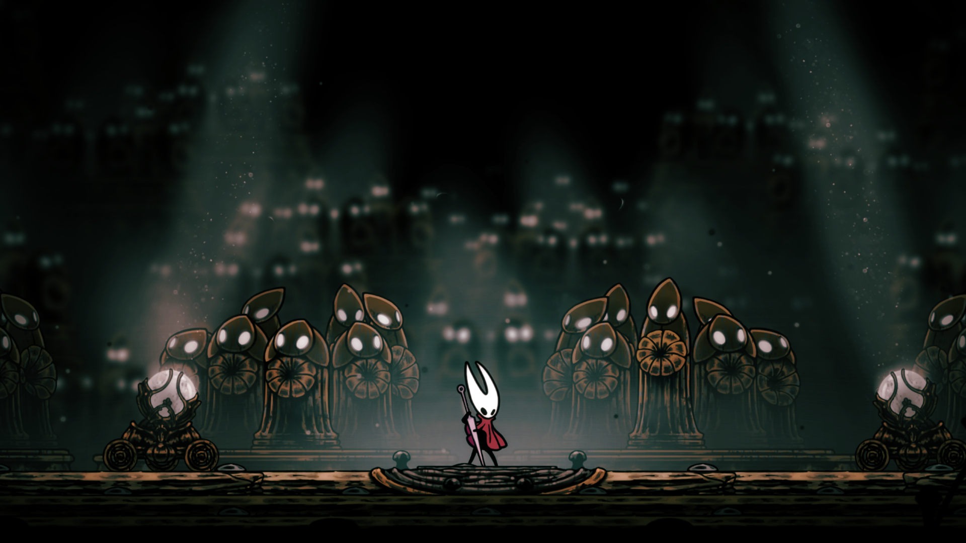 Hornet plays her needolin in front of a choir of statues in Hollow Knight: Silksong.