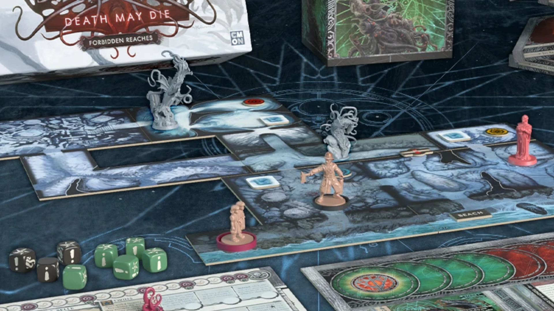 Miniatures, dice, and tokens set up on a blue, eldritch background