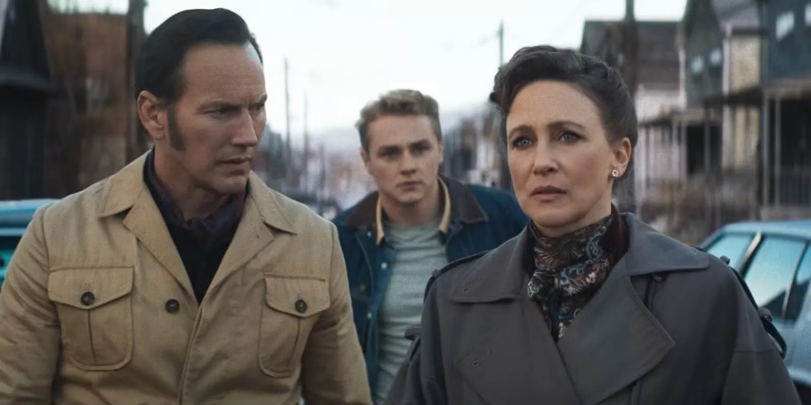 Patrick Wilson, Vera Farmiga, and Ben Hardy on the street in The Conjuring: Last Rites