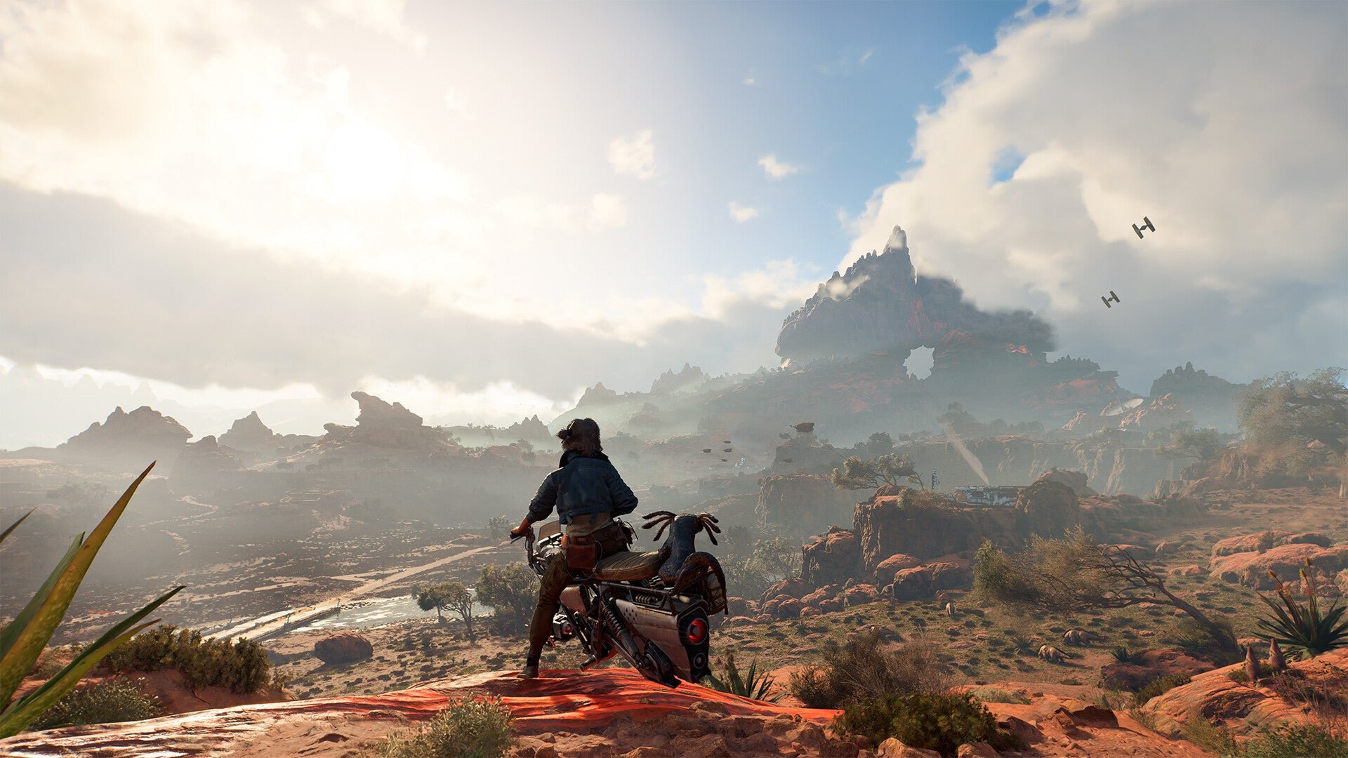A mercenary looks out at a vast planet.