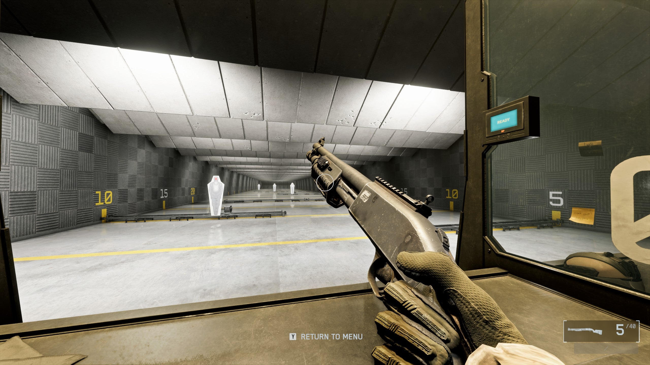 A close-up of the M87A1 Shotgun in Battlefield 6, with the gun tilted sideways by the player, angling towards the top left of the screen. In the background is a firing range.