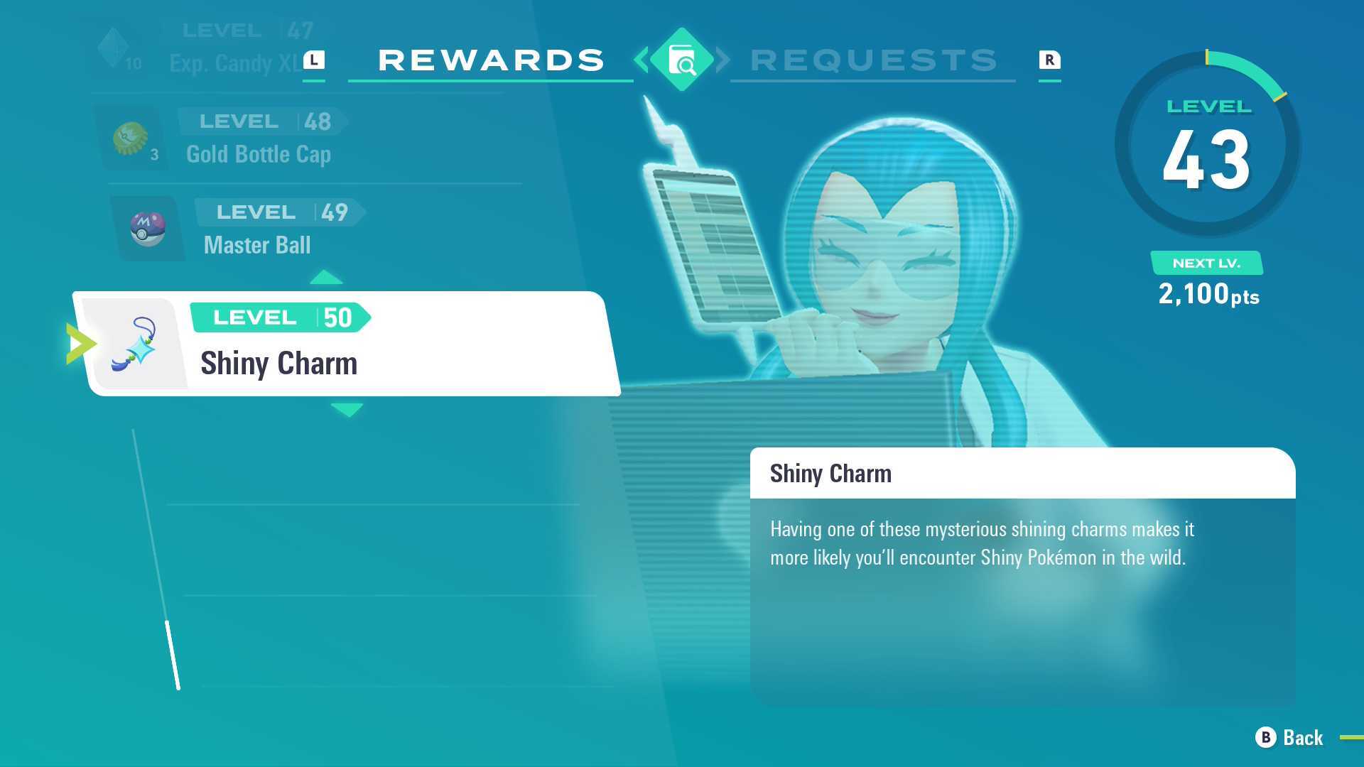 Pokemon Legends: Z-A screenshot shows the Shiny Charm on Mable's Research rewards page.