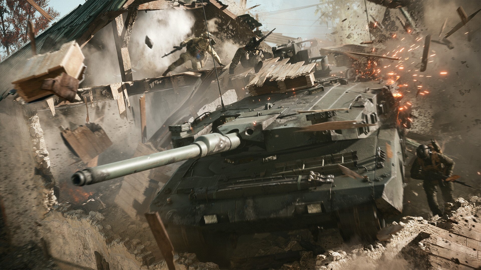 A tank rolls through a building, destroying it.