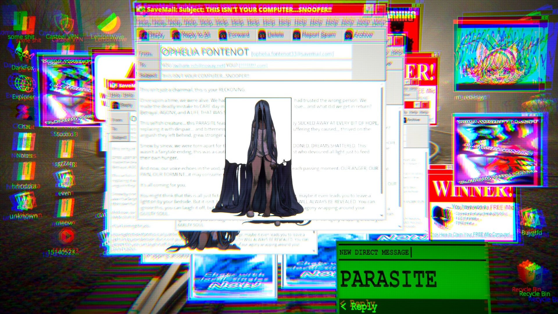 A blurry mass of desktop windows full of menacing images and messages like 'PARASITE'.