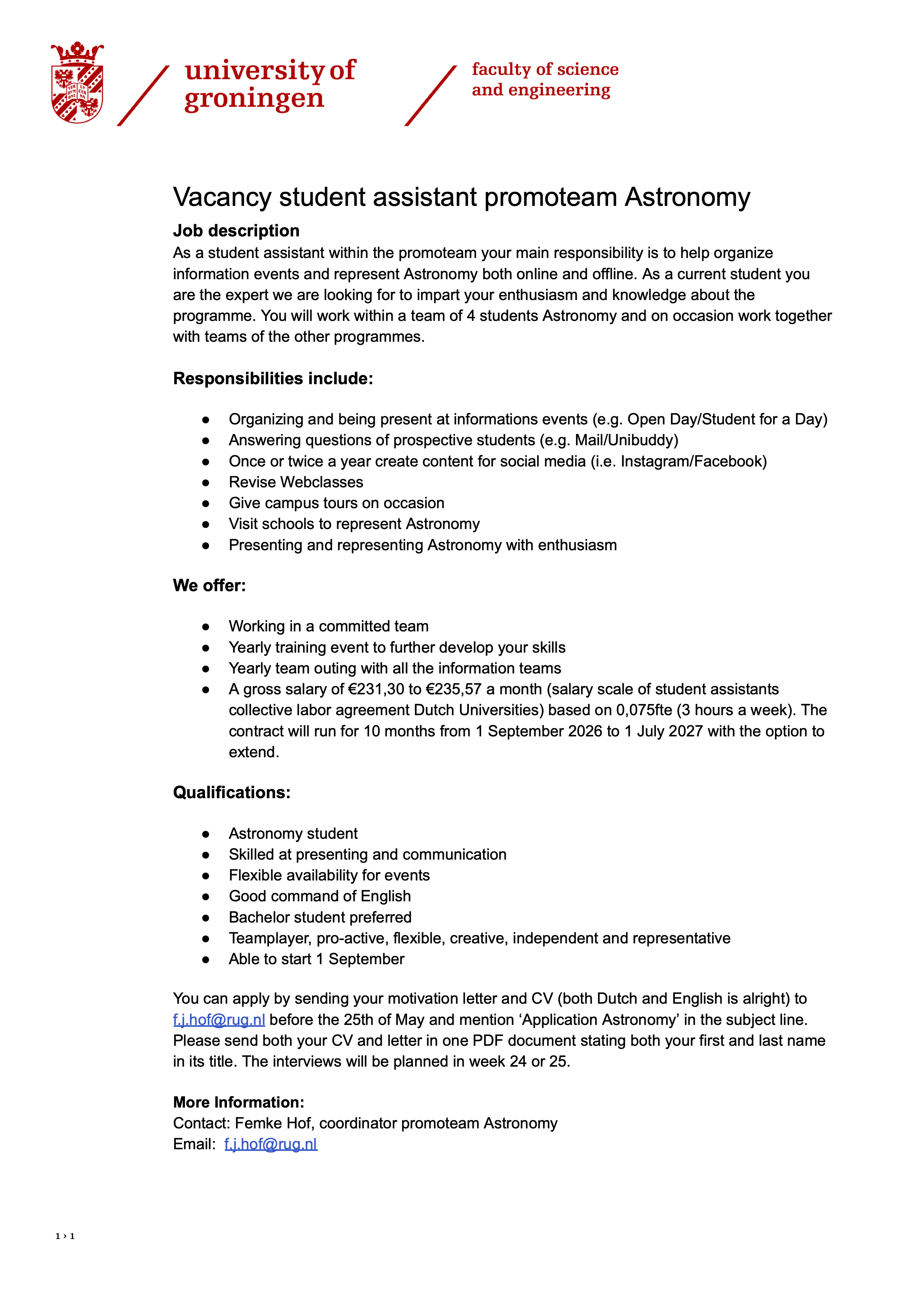 Vacancy for the Astronomy Promoteam