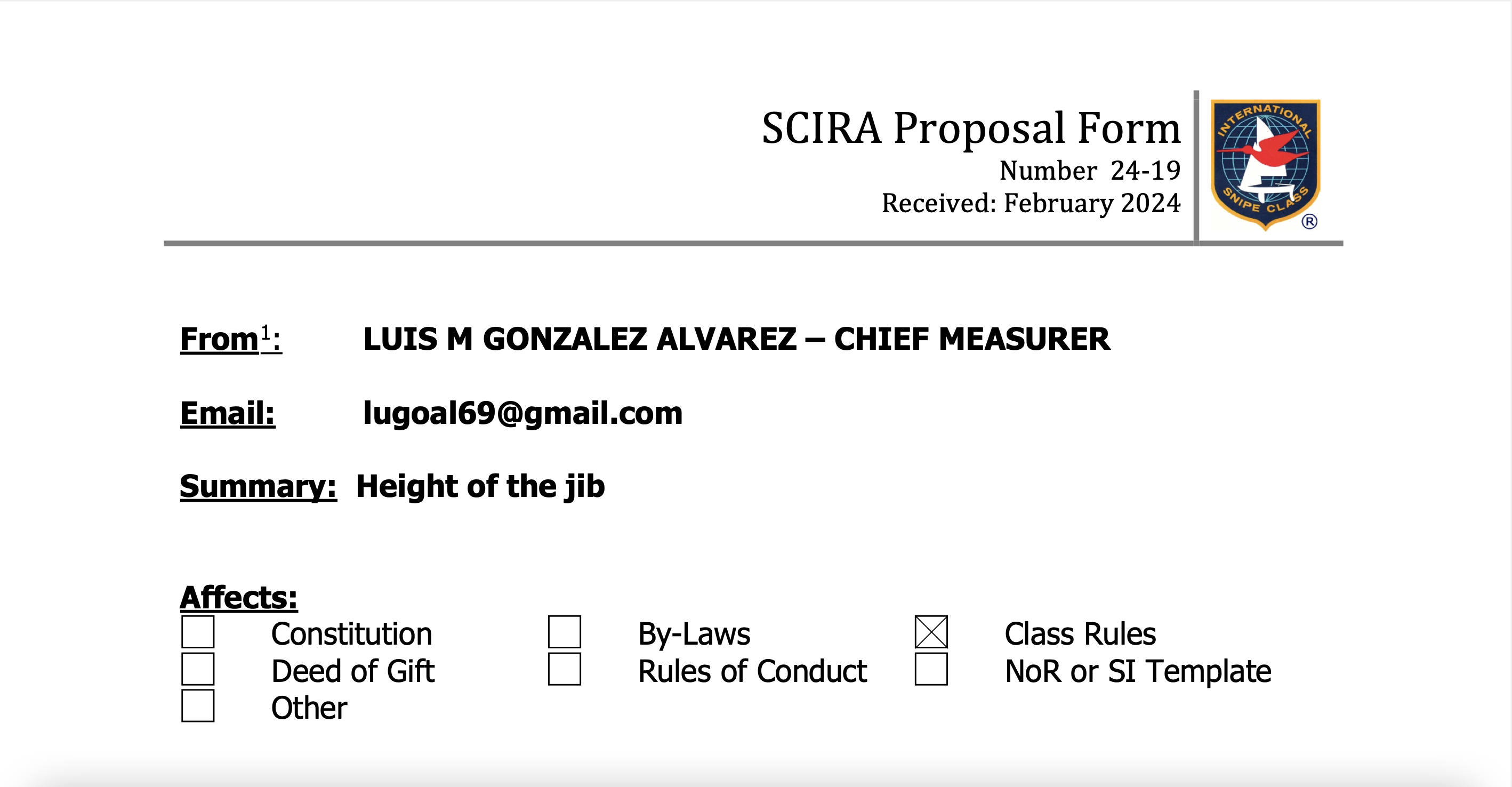 Rule Change Proposal: 24-19 Class Rules C10.6b jib height Image