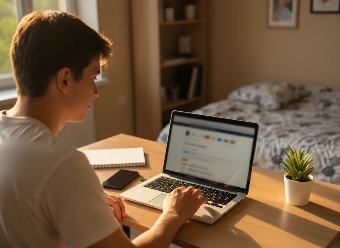 Work and Travel erken kayıt — odasında dizüstü bilgisayarıyla online kayıt yapan öğrenci