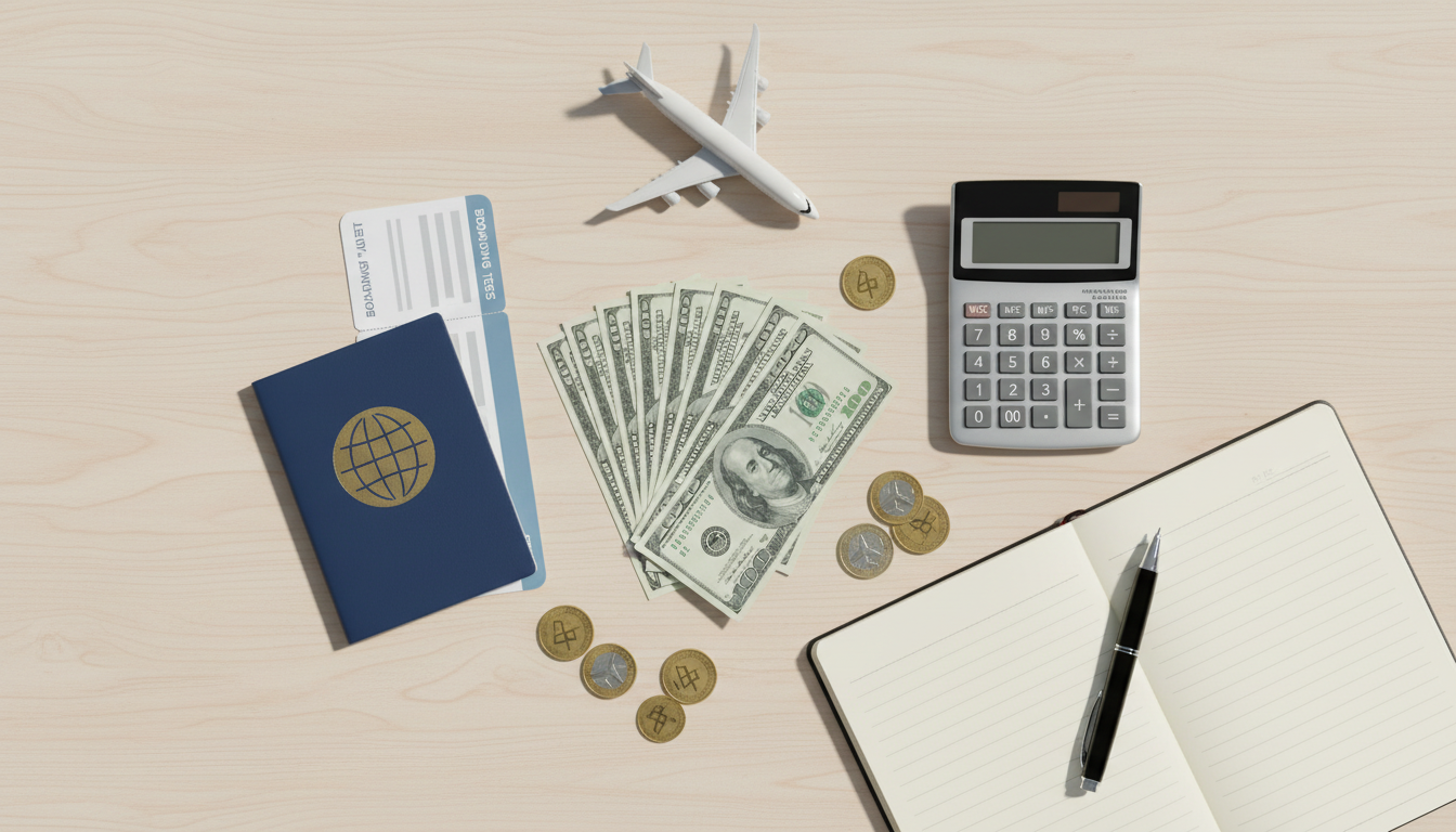 Work and Travel bütçe kalemleri: dolar, pasaport, uçak bileti ve hesap makinesi