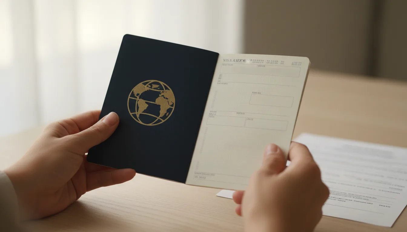 Vize sayfası açık pasaportu tutan öğrenci elleri