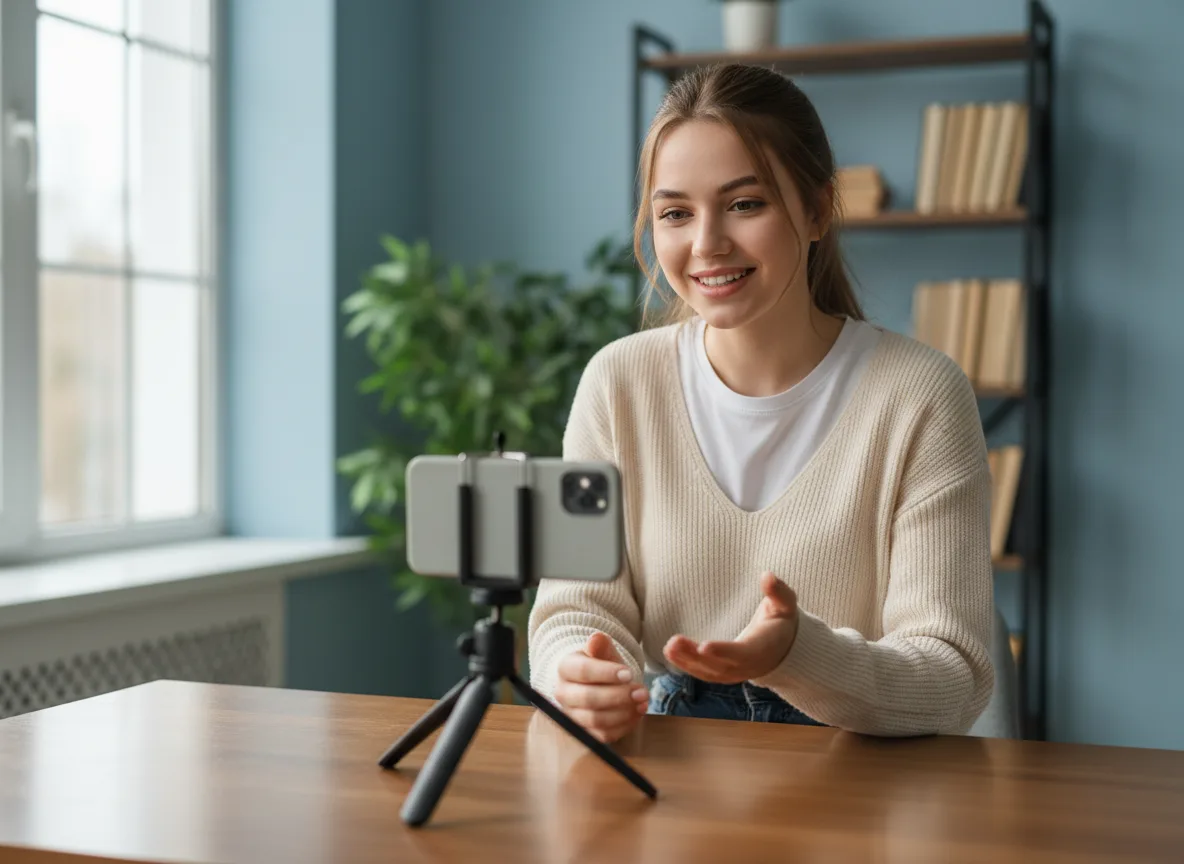 Work and Travel Video CV — telefonunu tripoda kurup kendini İngilizce tanıtan öğrenci