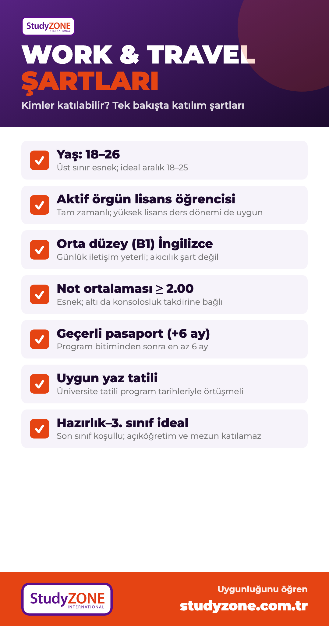 Work and Travel şartları infografiği: yaş, öğrencilik, İngilizce, GPA, pasaport, tatil ve sınıf durumu