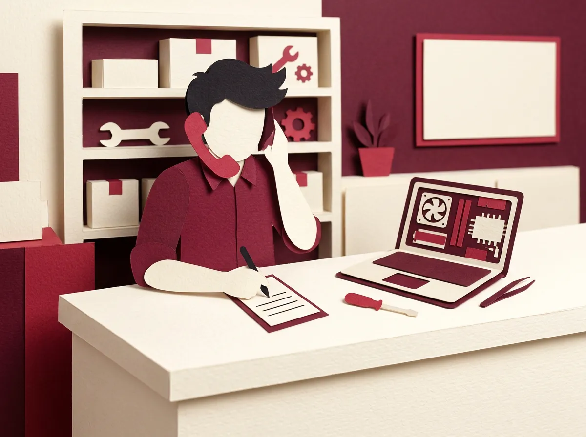 Ein Mitarbeiter eines Computerladens hält am Tresen den Telefonhörer und notiert eine Kundenfrage auf einem Zettel