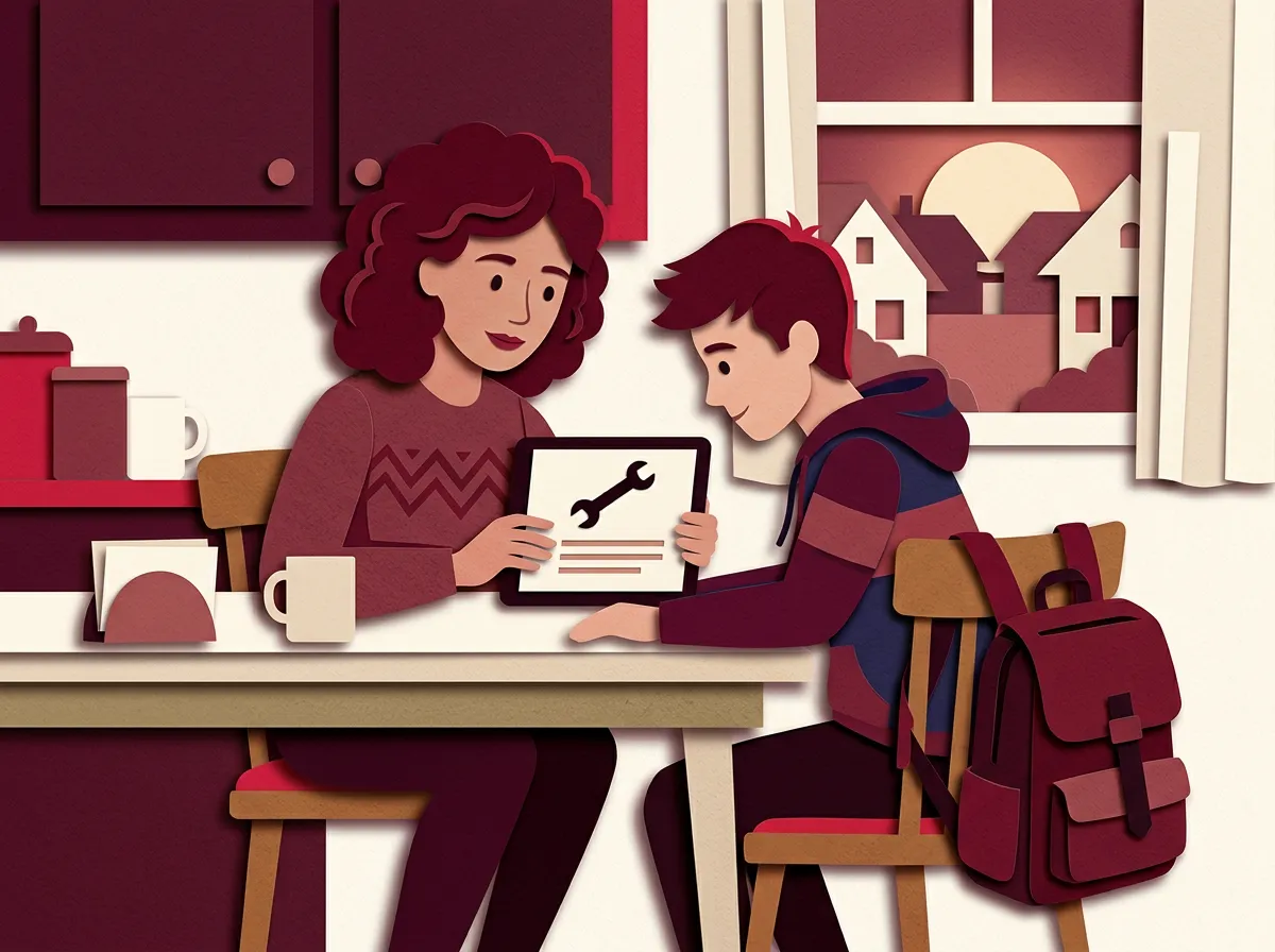 Mutter und Sohn sitzen am Küchentisch und lesen auf einem Tablet eine Ausbildungsanzeige, daneben ein Schulranzen