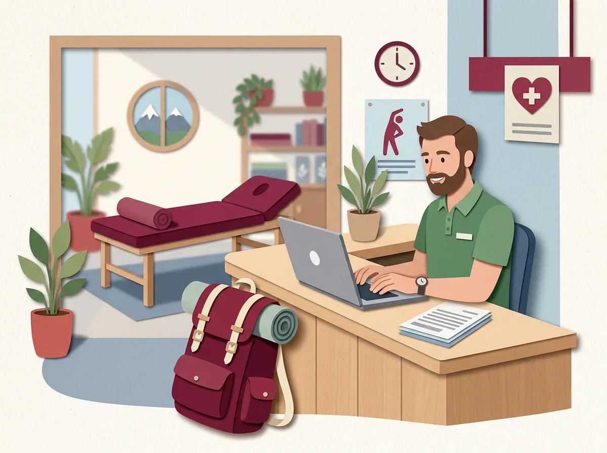 Physiotherapeut am Empfangstresen tippt einen kurzen Abwesenheitshinweis auf einem Laptop, neben ihm ein gepackter Rucksack