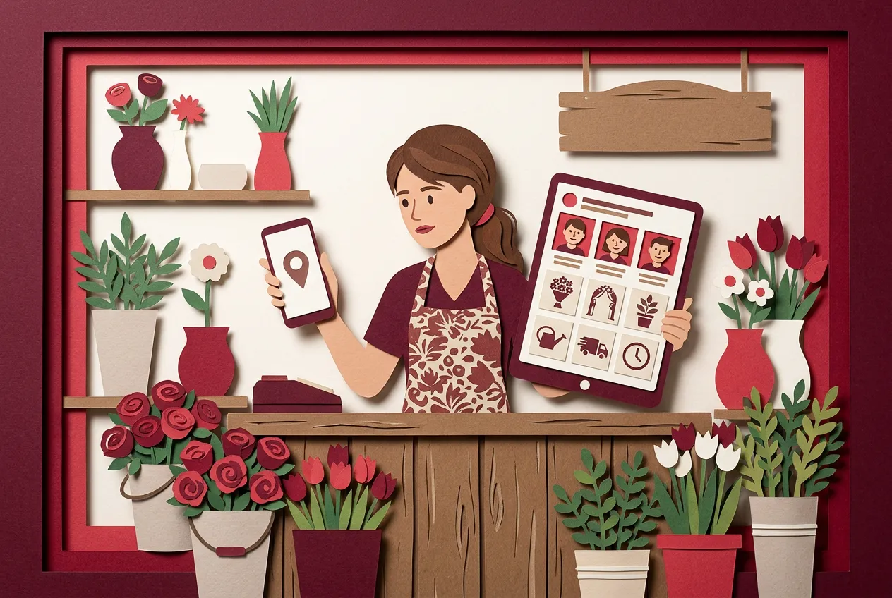 Inhaberin eines Blumenladens vergleicht an der Ladentheke einen Kartenpin auf dem Handy mit einem ausführlichen Firmenprofil auf dem Tablet