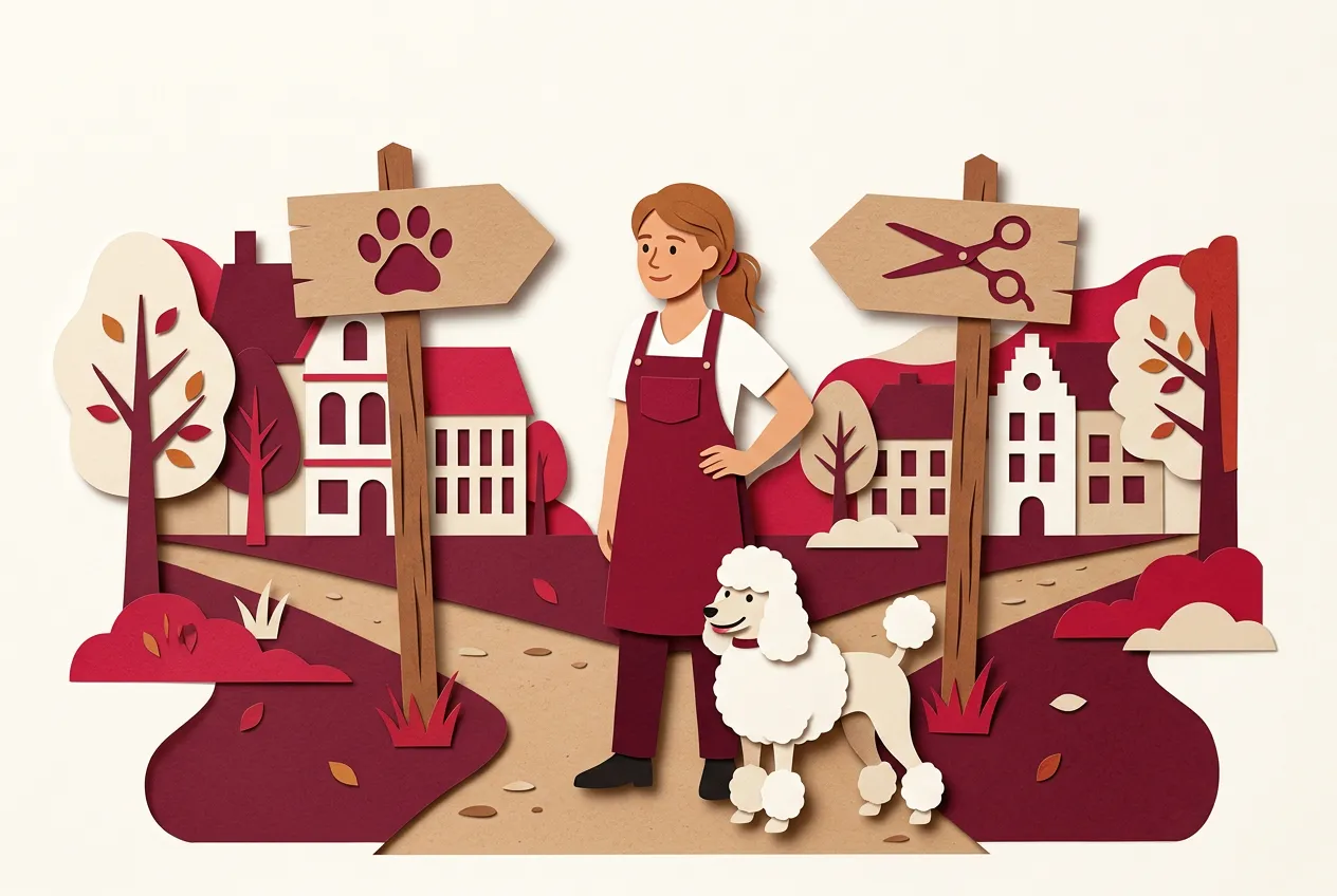 Inhaberin eines Hundesalons steht zwischen zwei Wegweisern, auf dem einen ein Pfotensymbol, auf dem anderen eine Schere