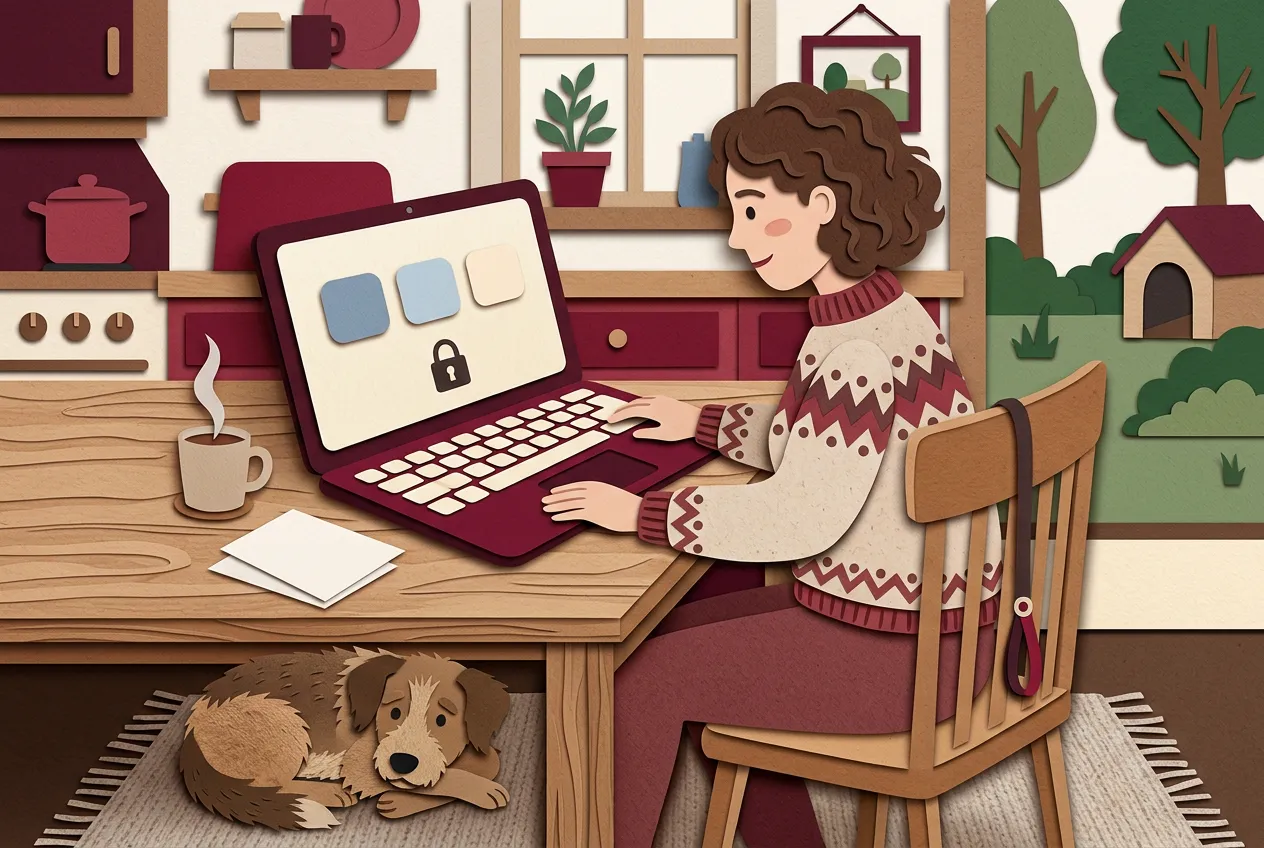 Inhaberin einer Hundepension sitzt am Küchentisch vor dem Laptop und meldet sich zum ersten Mal im Dashboard an, ein Hund liegt zu ihren Füßen