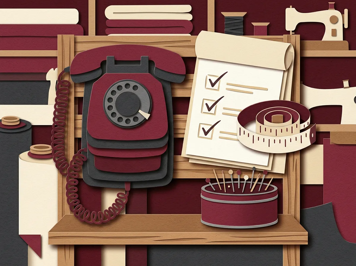 Telefon an der Wand einer Schneiderei, daneben ein Notizblock mit drei abgehakten Punkten, ein Maßband und eine Nadeldose