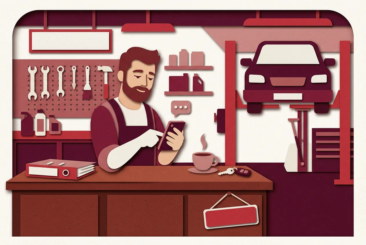 Inhaber einer Kfz-Werkstatt liest am Tresen eine Nachricht auf dem Smartphone, neben ihm ein Auftragsordner und eine Tasse Kaffee