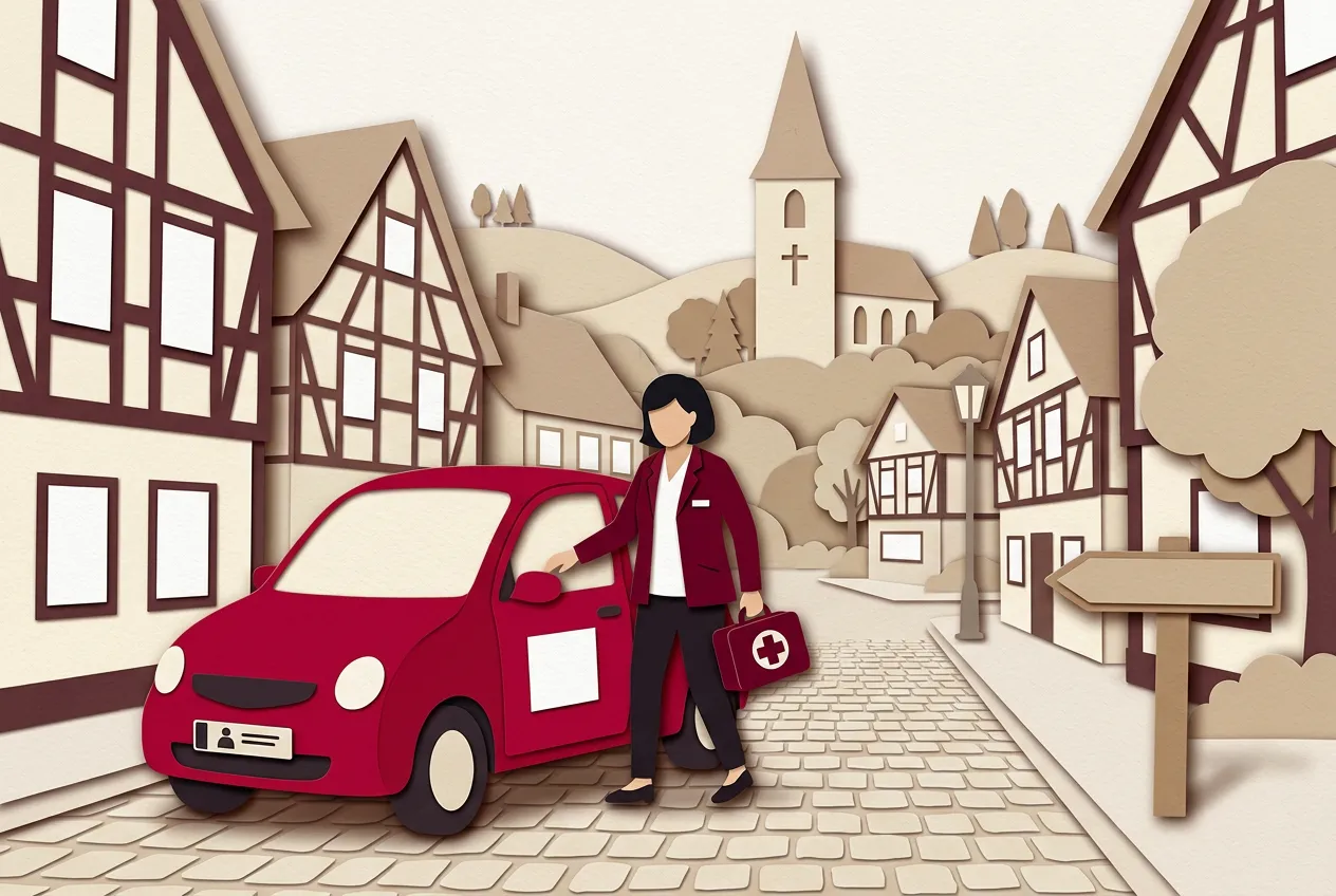 Mitarbeiterin eines ambulanten Pflegedienstes steigt in einem Dorf aus ihrem Kleinwagen, im Hintergrund Hügel und ein Kirchturm