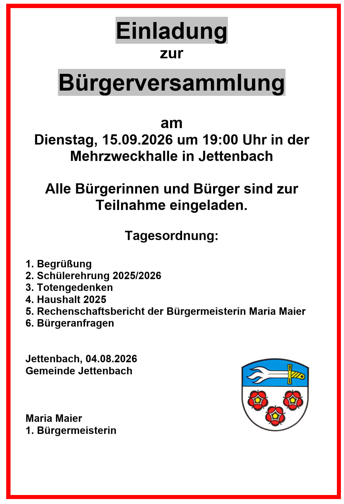 Bürgerversammlung am Dienstag, 15.09.2026