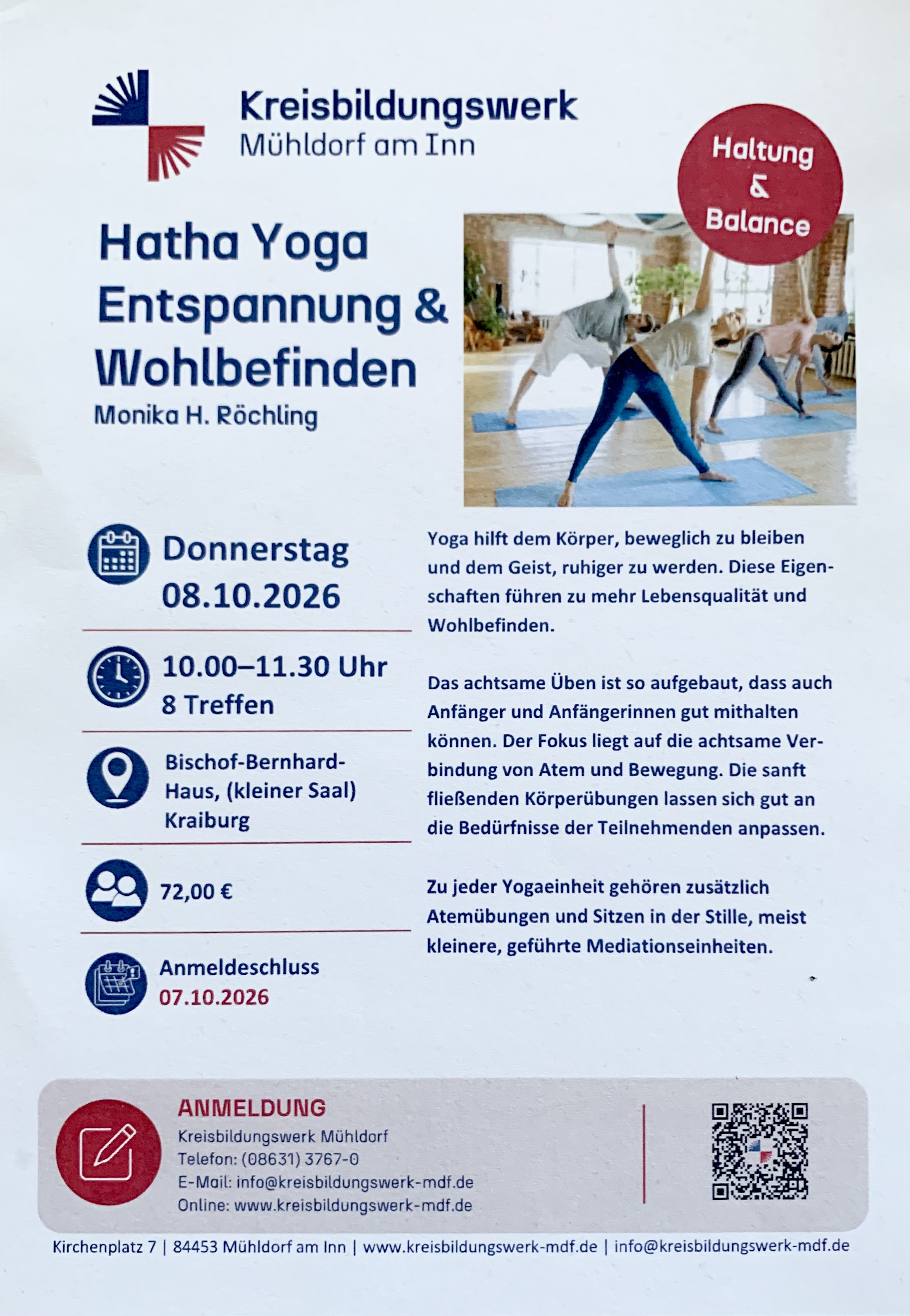 Hatha Yogakurs im Bischof-Bernhard-Haus