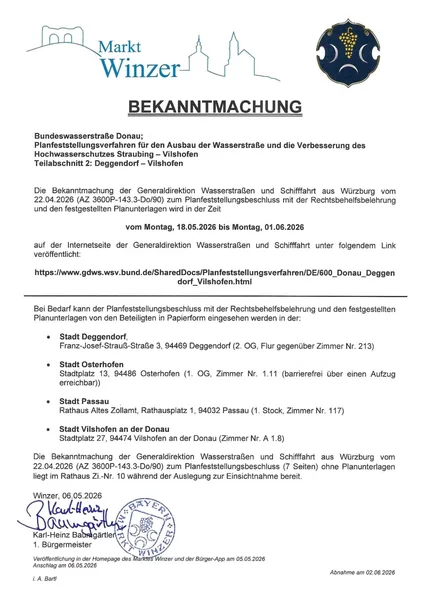 Bekanntmachung - Bundeswasserstraße Donau; Planfeststellungsverfahren für den Ausbau der Wasserstraße und die Verbesserung des Hochwasserschutzes Straubing – Vilshofen; Teilabschnitt 2: Deggendorf – Vilshofen