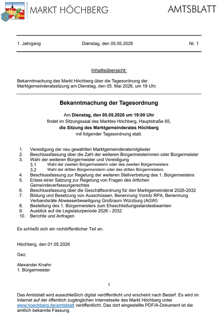 Digitales Amtsblatt | Nr. 1 vom 06.05.2026 | Bekanntmachung Tagesordnung Marktgemeinderatssitzung am 05.05.2026