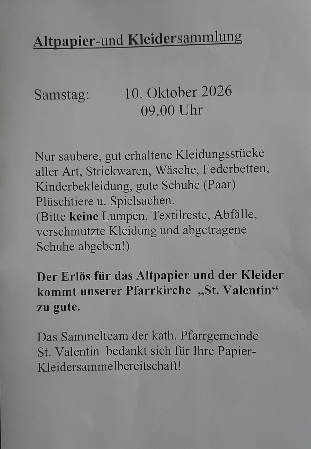 Altpapier- und Kleidersammlung am Samstag!