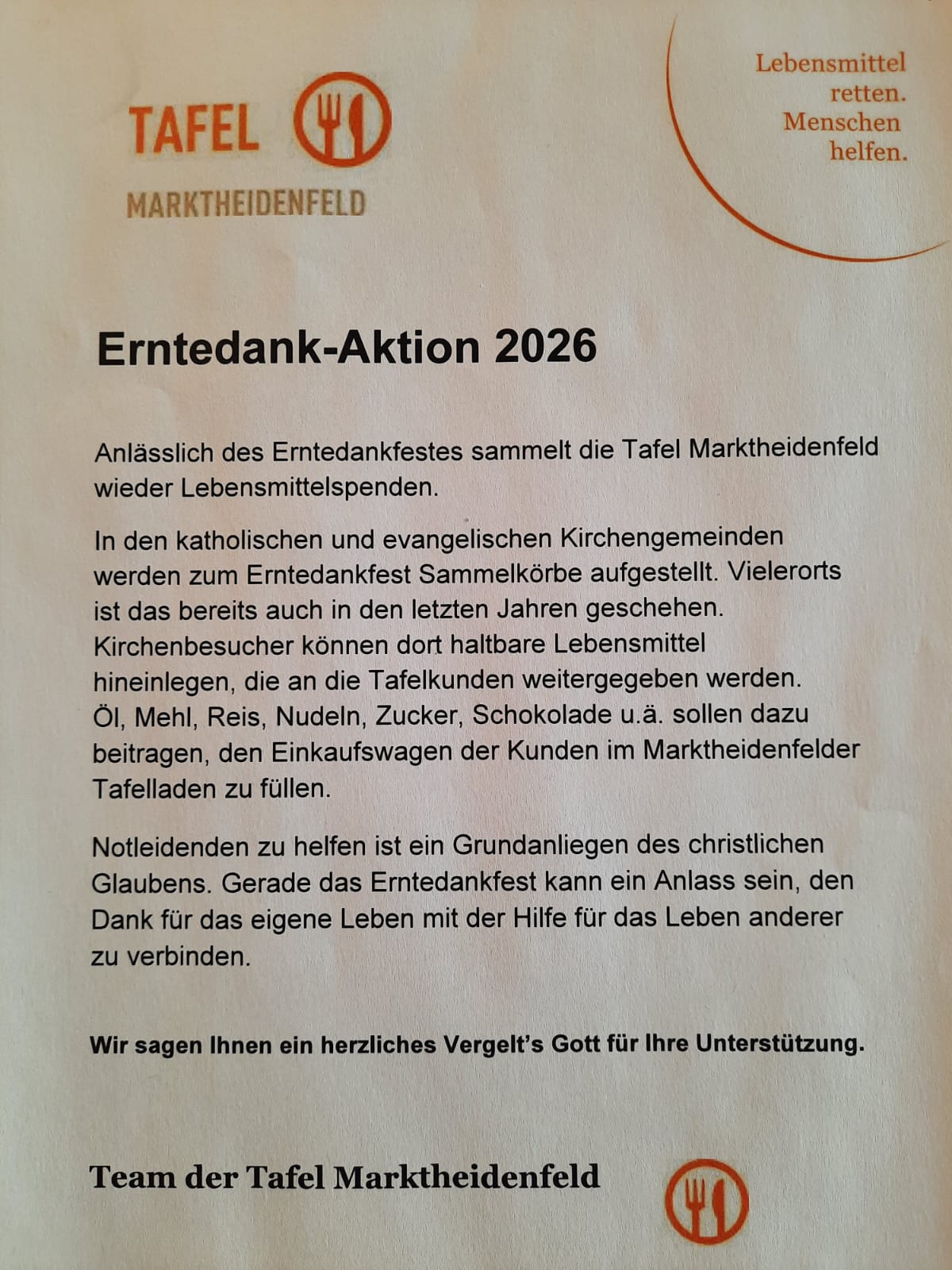 Erntedankaktion der Tafel: Körbe stehen in unserer Kirche bereit