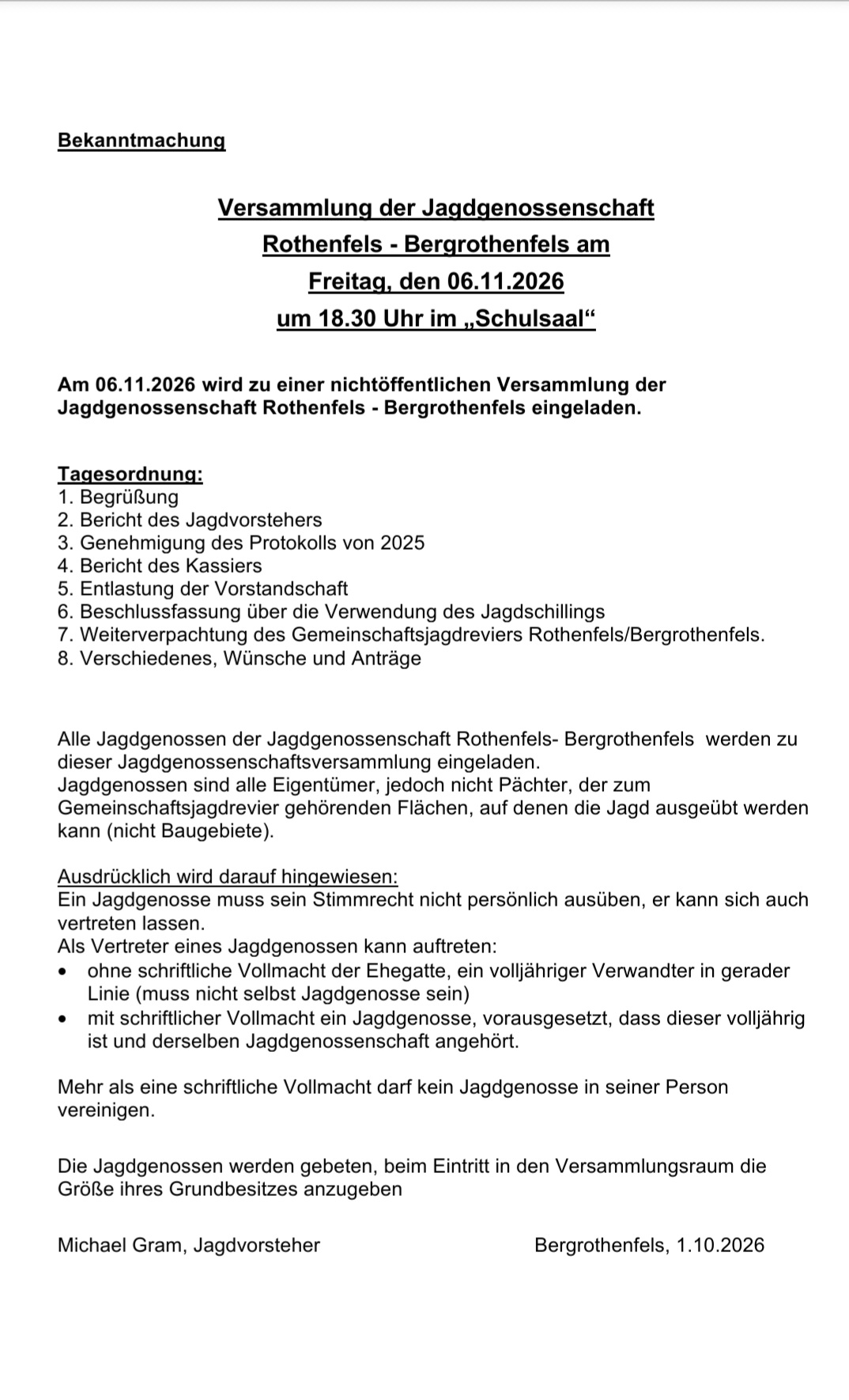 Versammlung der Jagdgenossenschaft Rothenfels - Bergrothenfels 