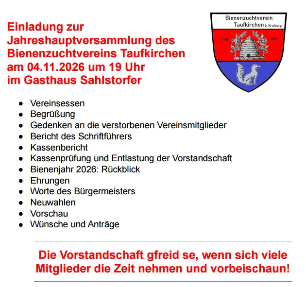 Jahreshauptversammlung Bienenzuchtverein Taufkirchen