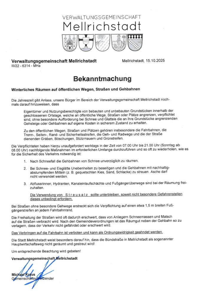 Bekanntmachung winterliches Räumen Stadt Mellrichs