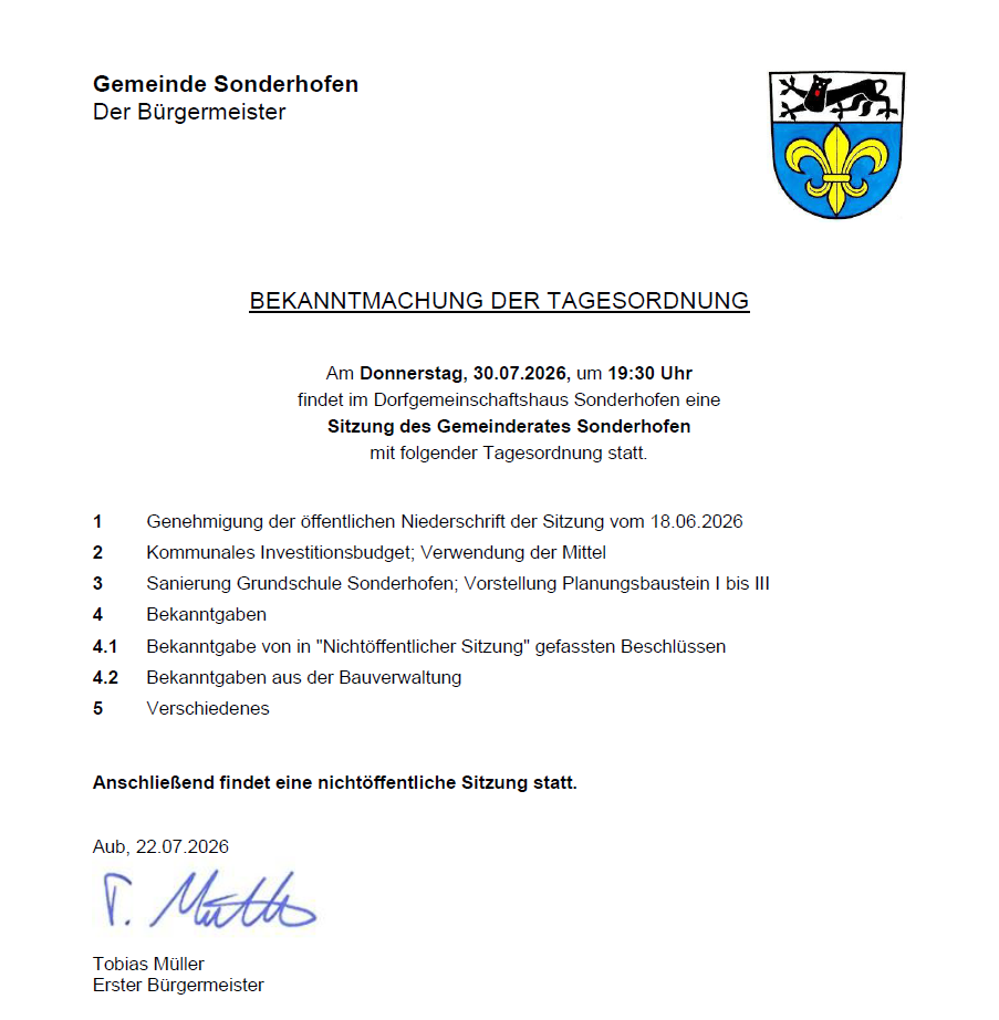 Sitzung des Gemeinderates Sonderhofen