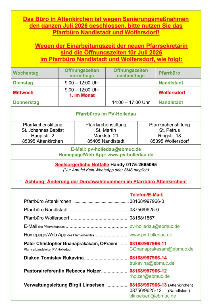 Geänderte Öffnungszeiten der Pfarrbüros im Juli
