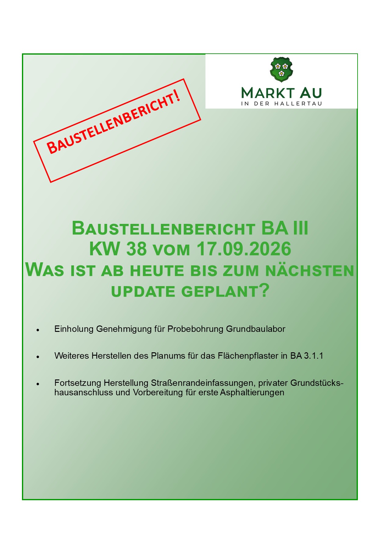 Baustellenbericht BA III KW 38 vom 17.09.2026
