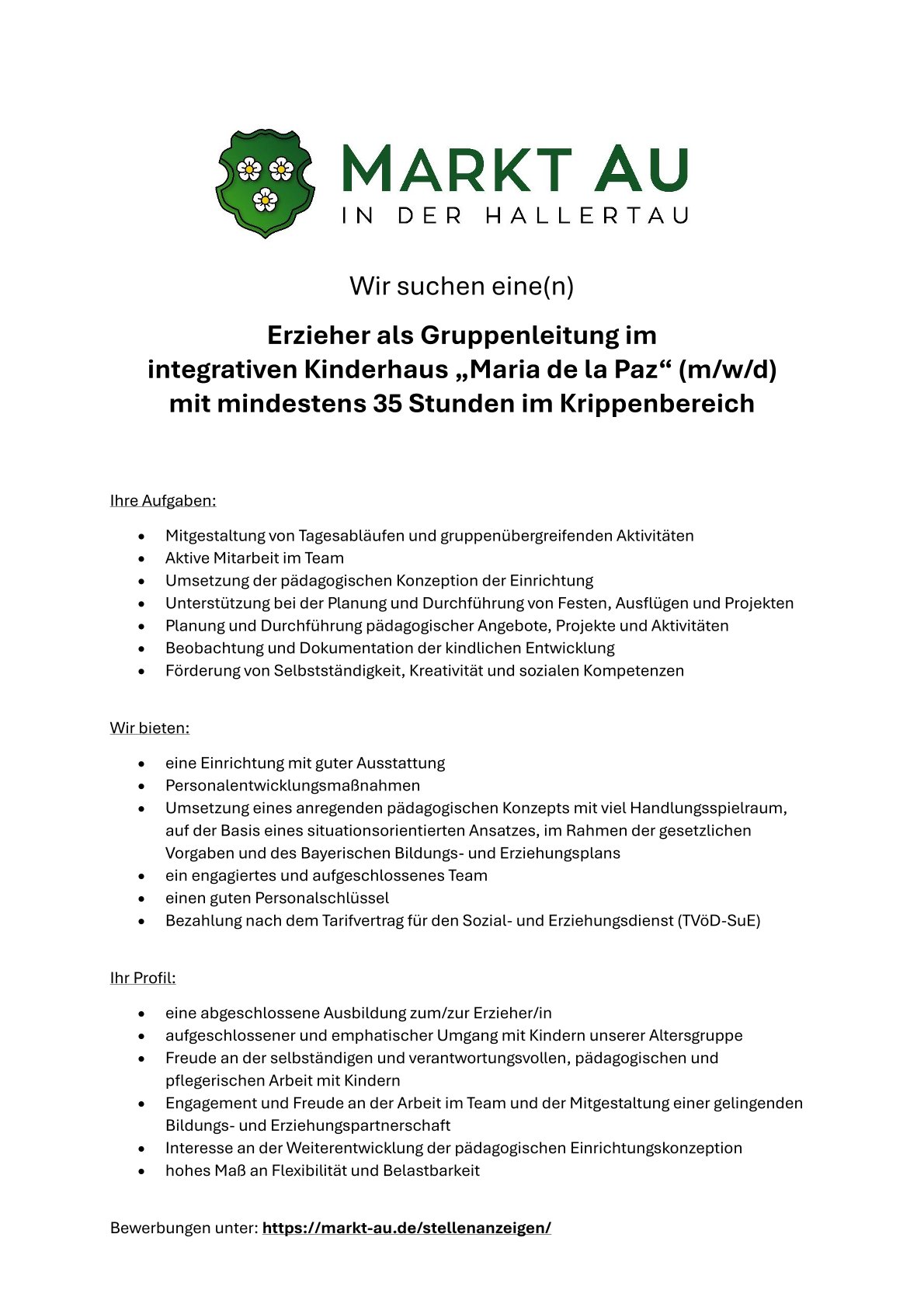 Stellenausschreibung Markt Au