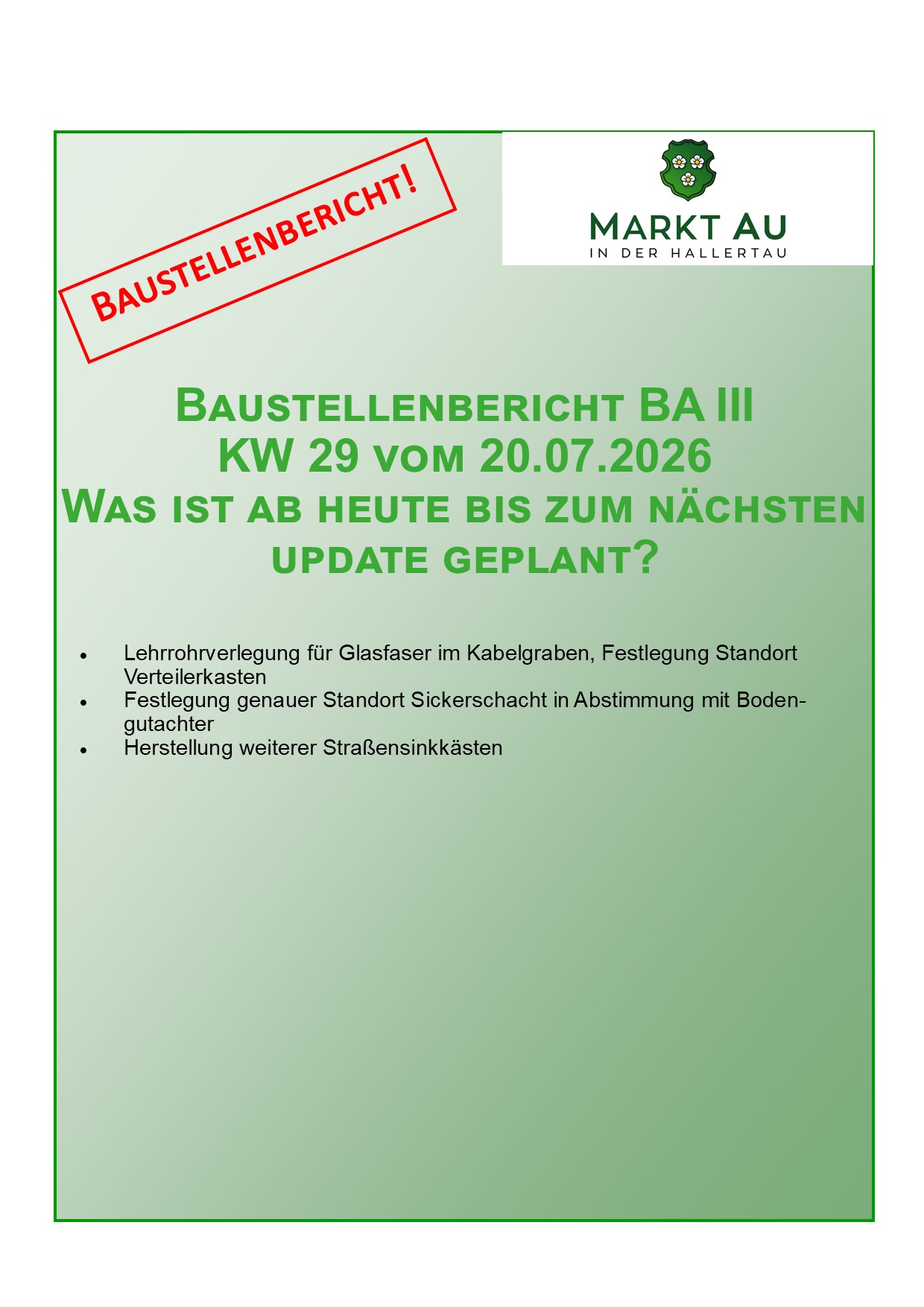 Baustellenbericht BA III KW 29 vom 16.07.2026