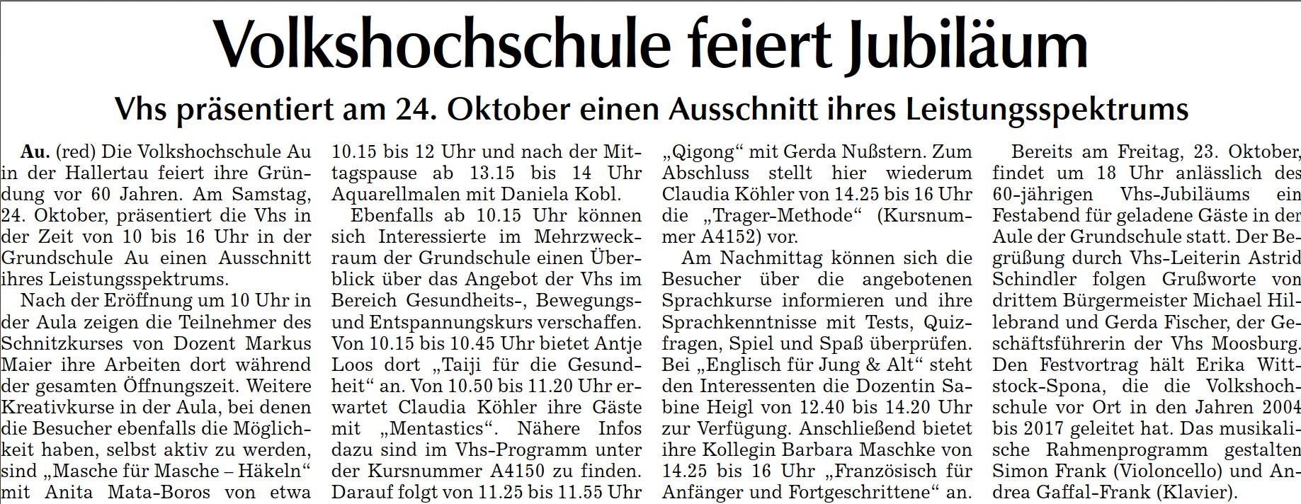 Leistungsschau der Vhs Au anlässlich ihres 60. Geburtstages